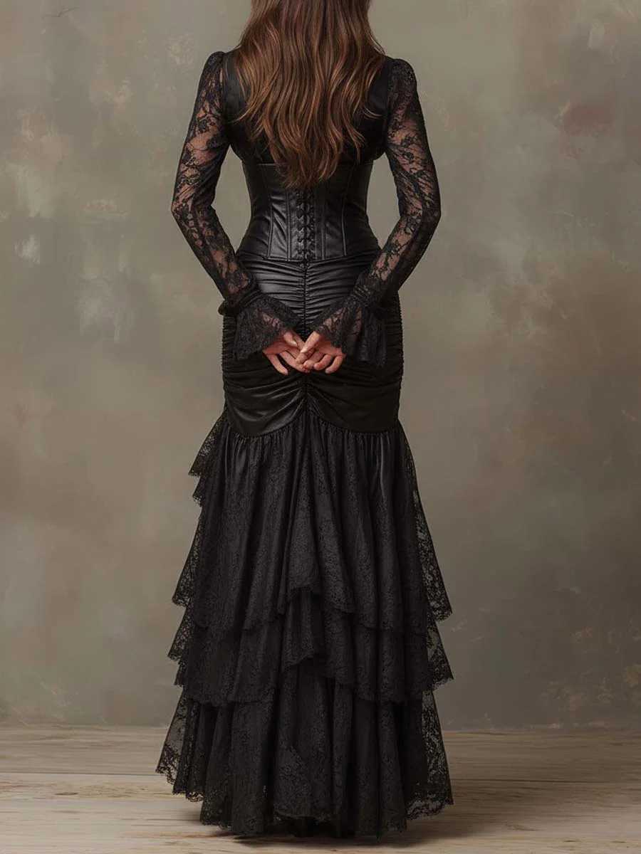 Black Faux Leather Corset Maxi Dress With Lace Sleeves - Image 4