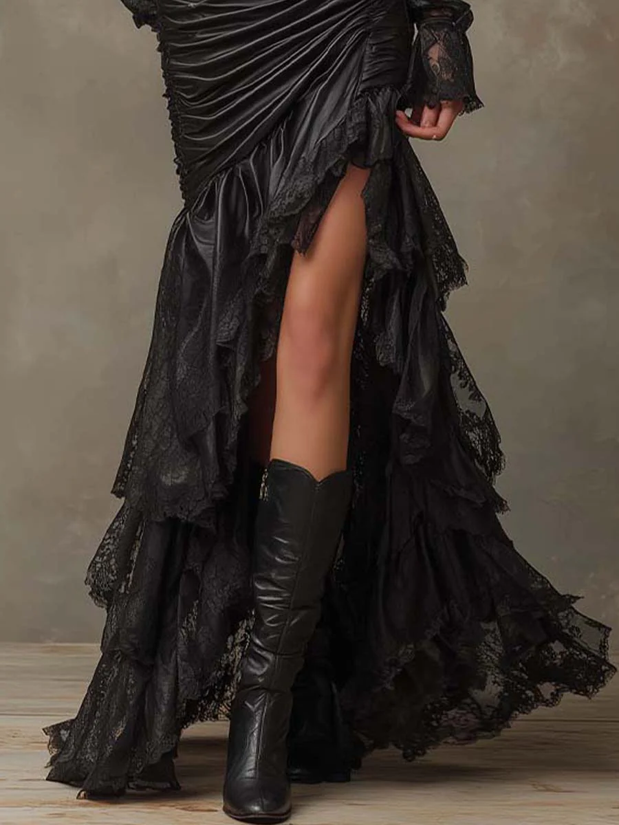Black Faux Leather Corset Maxi Dress With Lace Sleeves - Image 7