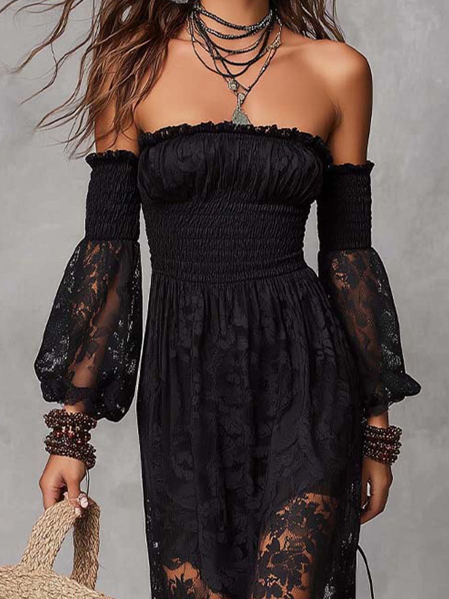 Black Smocked Off-Shoulder Lace Maxi Dress - Image 3