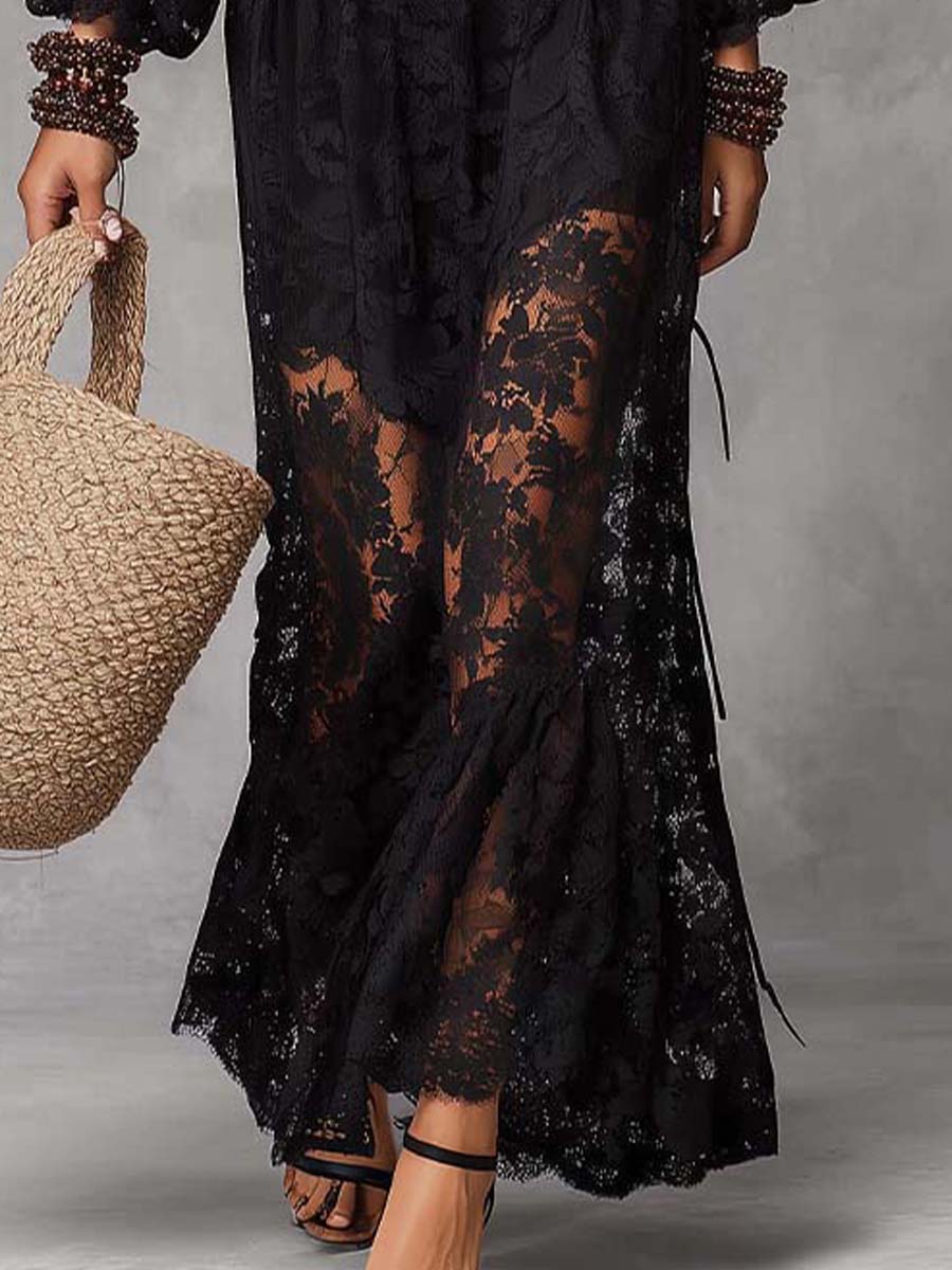 Black Smocked Off-Shoulder Lace Maxi Dress - Image 4