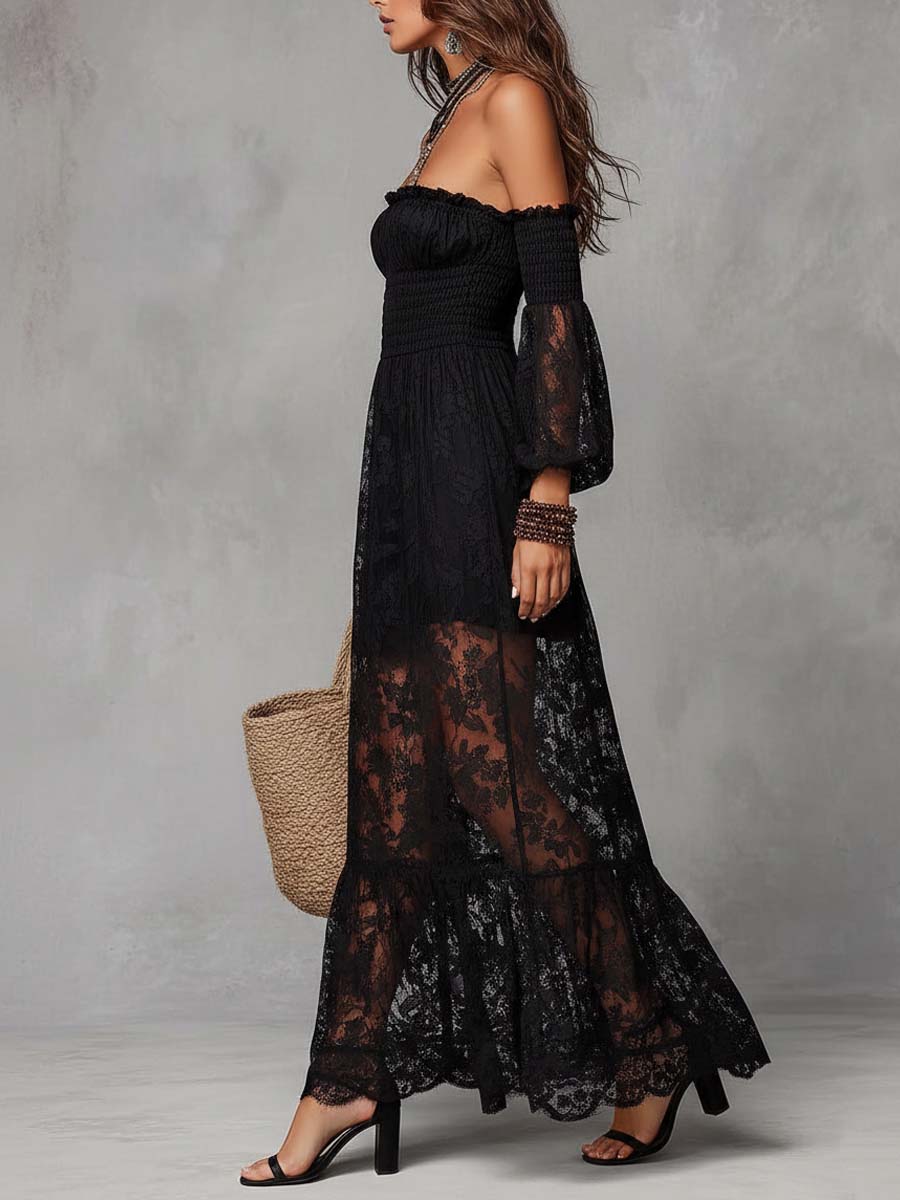 Black Smocked Off-Shoulder Lace Maxi Dress - Image 5