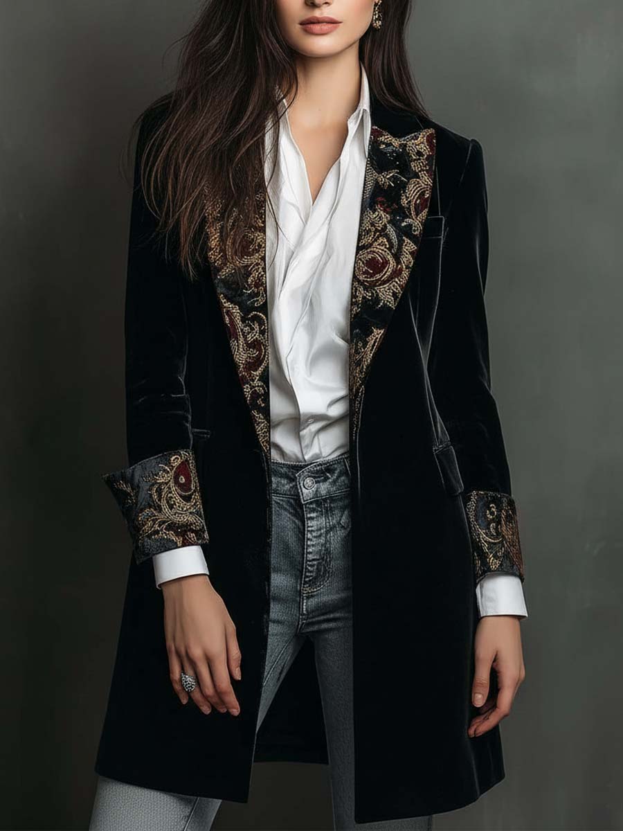 Timeless Vintage Luxury Black Velvet Blazer With Baroque Printed Lapel - Image 2