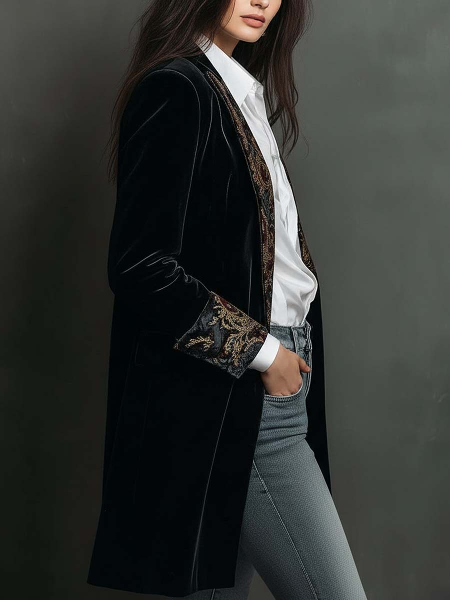 Timeless Vintage Luxury Black Velvet Blazer With Baroque Printed Lapel - Image 3