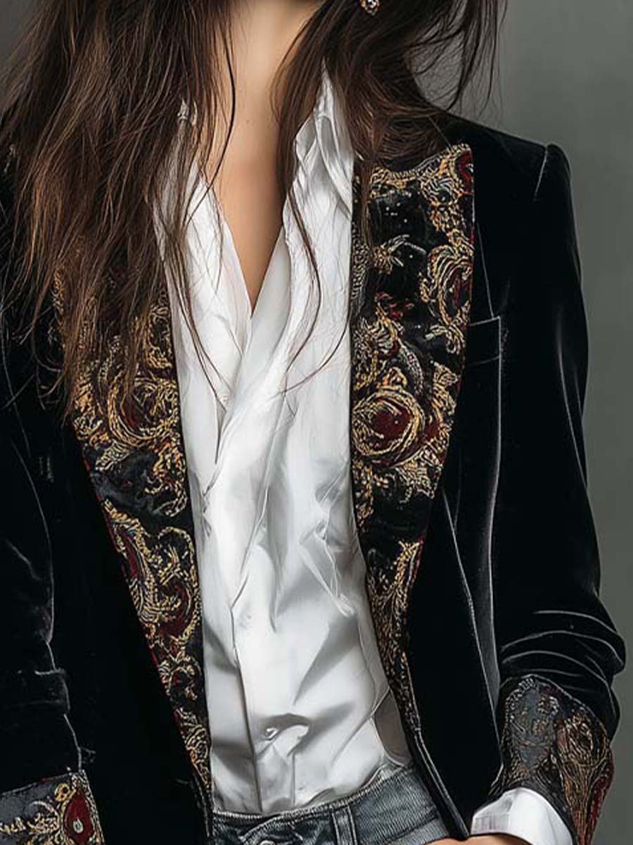 Timeless Vintage Luxury Black Velvet Blazer With Baroque Printed Lapel - Image 5