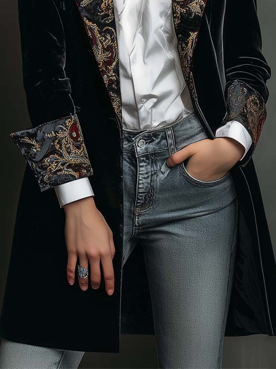 Timeless Vintage Luxury Black Velvet Blazer With Baroque Printed Lapel - Image 6