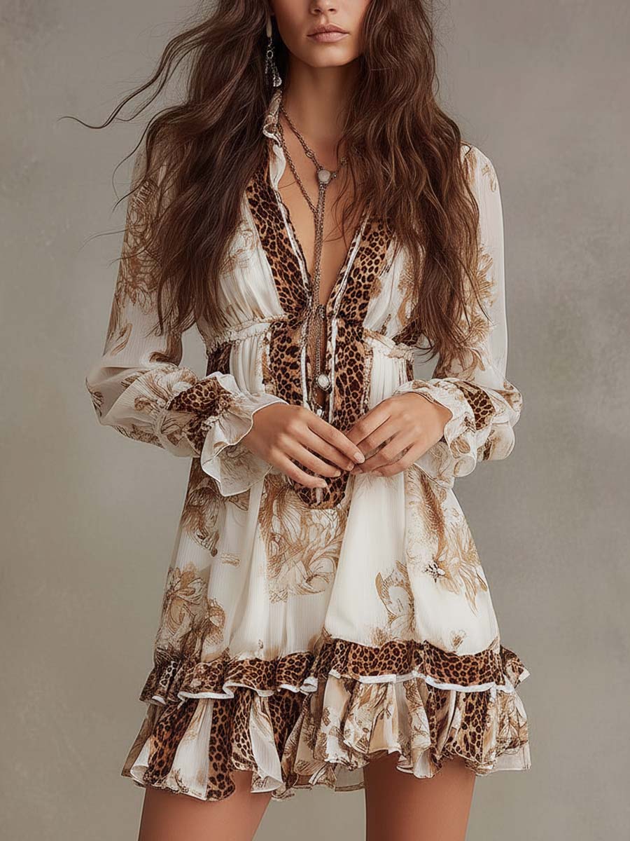 Bohemia Mixed-Print Ruffle Hem Mini Dress - Image 4