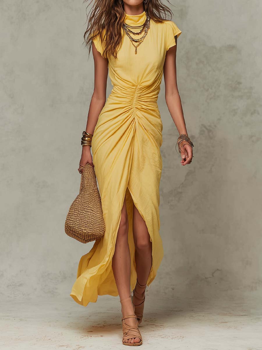 Bohemian Cotton High Neck Ruched Wrap Maxi Dress