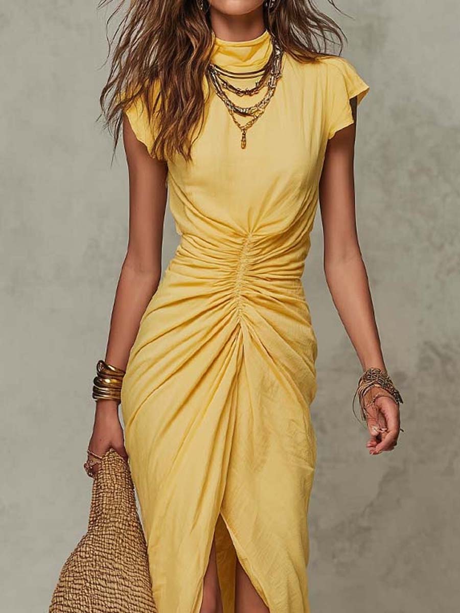 Bohemian Cotton High Neck Ruched Wrap Maxi Dress - Image 2