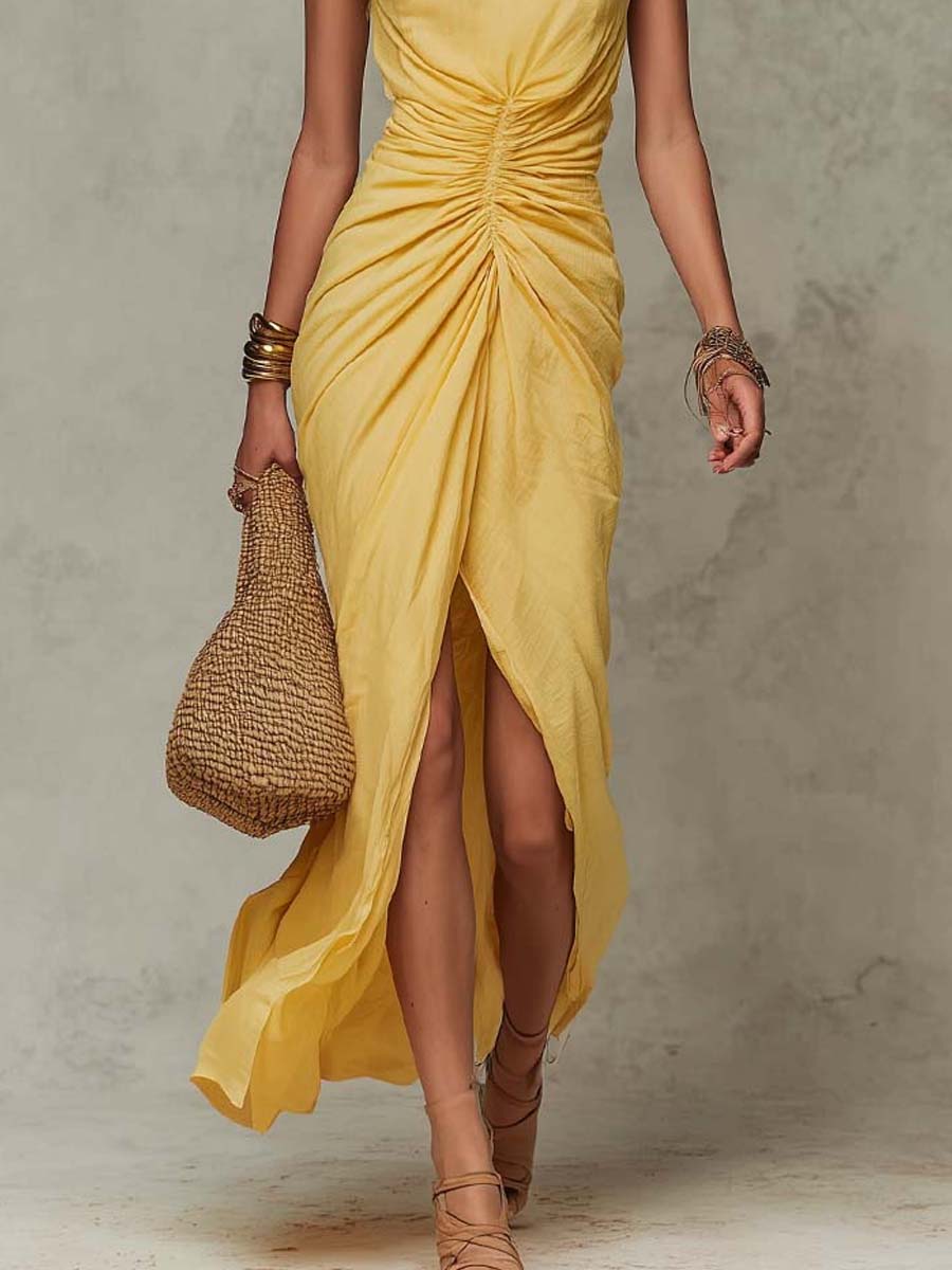 Bohemian Cotton High Neck Ruched Wrap Maxi Dress - Image 3
