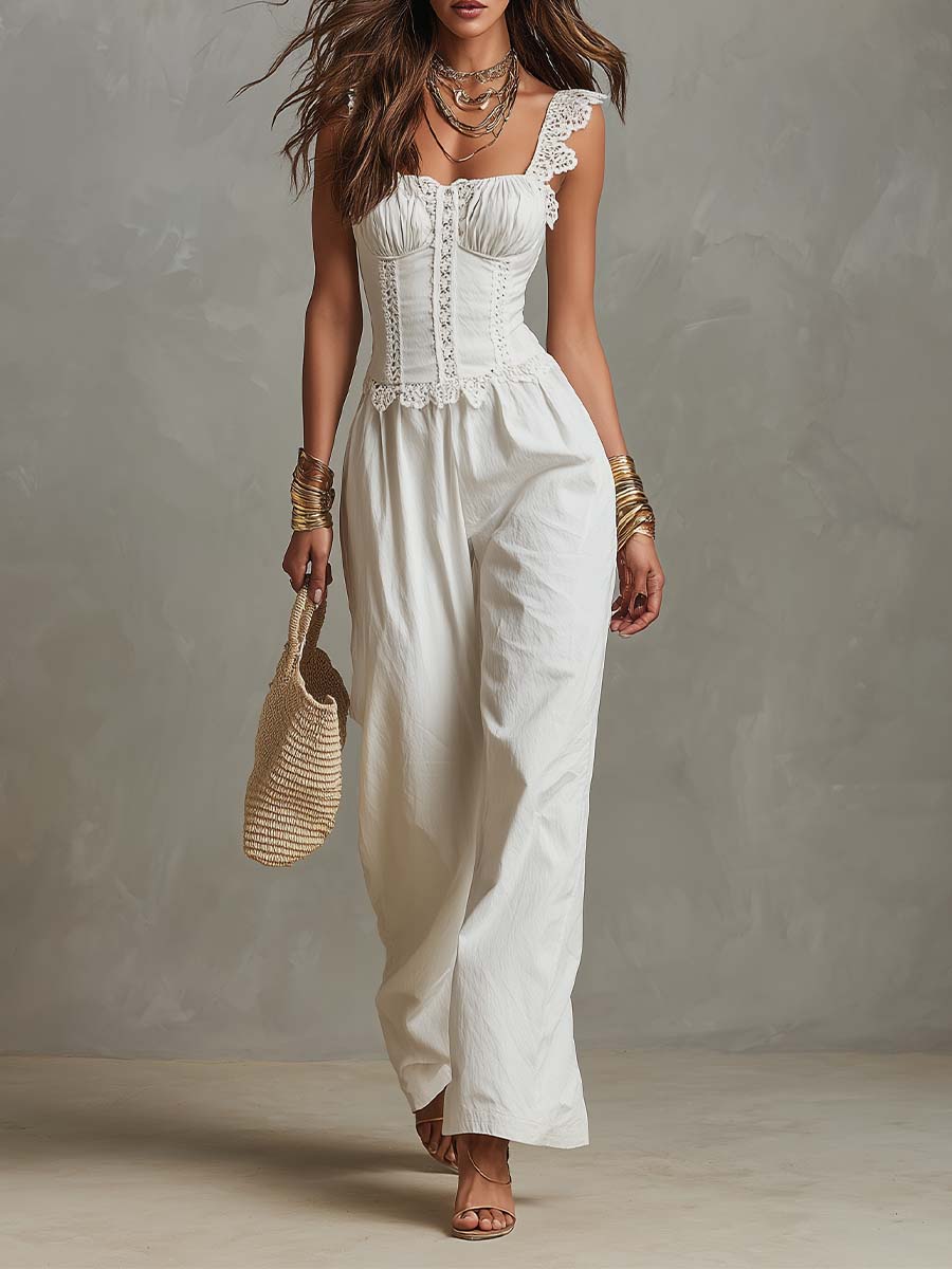 Bohemian Cotton Lace Trim Corset Wide-Leg Jumpsuit