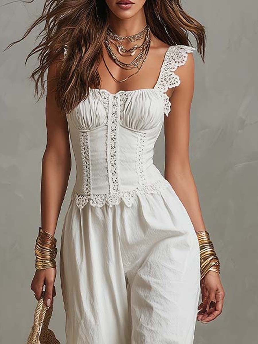 Bohemian Cotton Lace Trim Corset Wide-Leg Jumpsuit - Image 2
