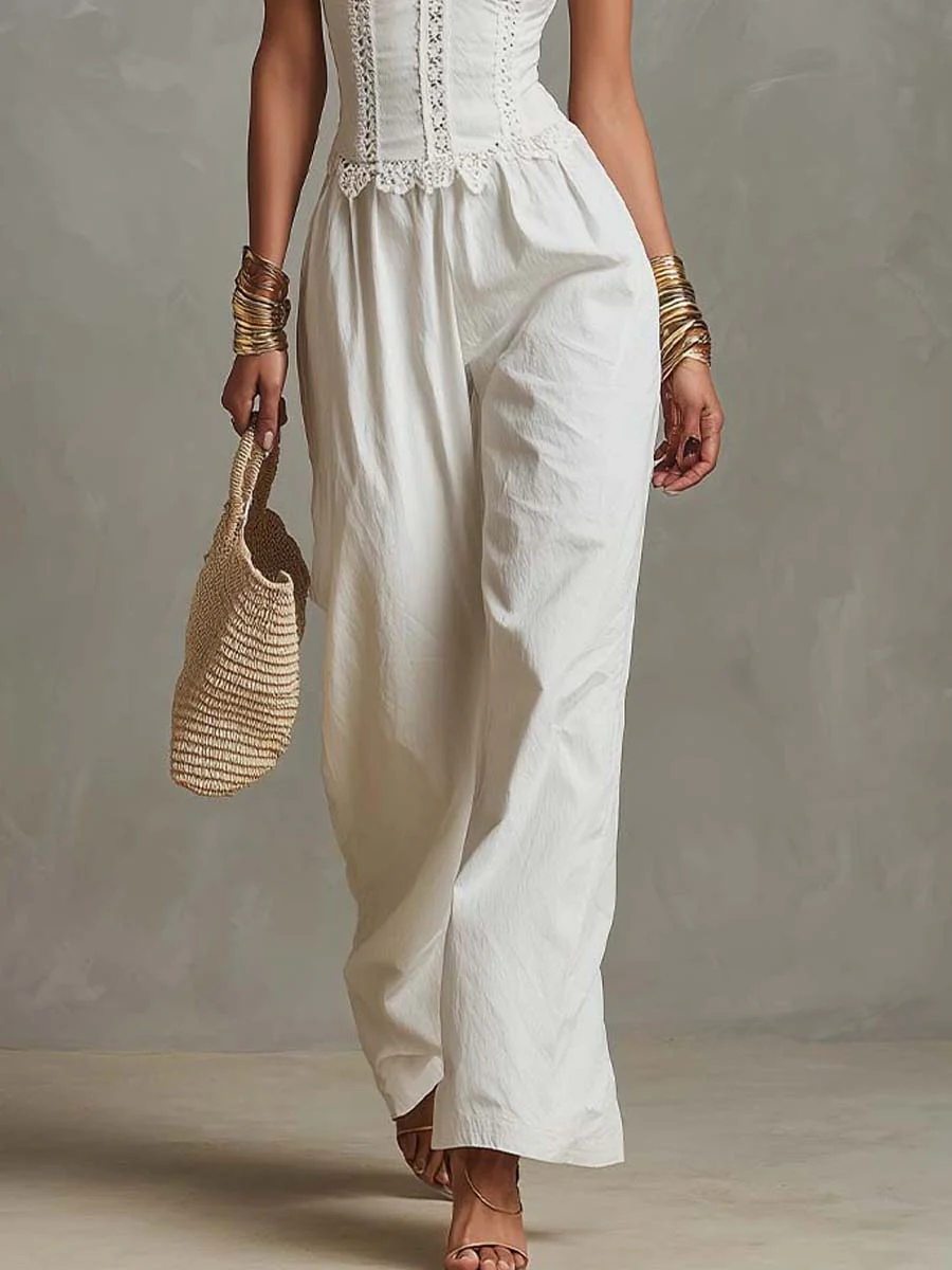 Bohemian Cotton Lace Trim Corset Wide-Leg Jumpsuit - Image 3