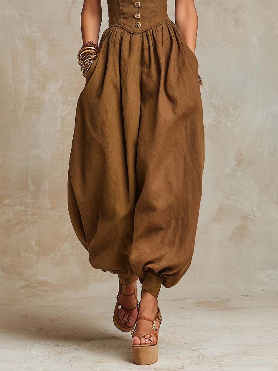 Bohemian Cotton-Linen Corset Balloon-Leg Jumpsuit - Image 2
