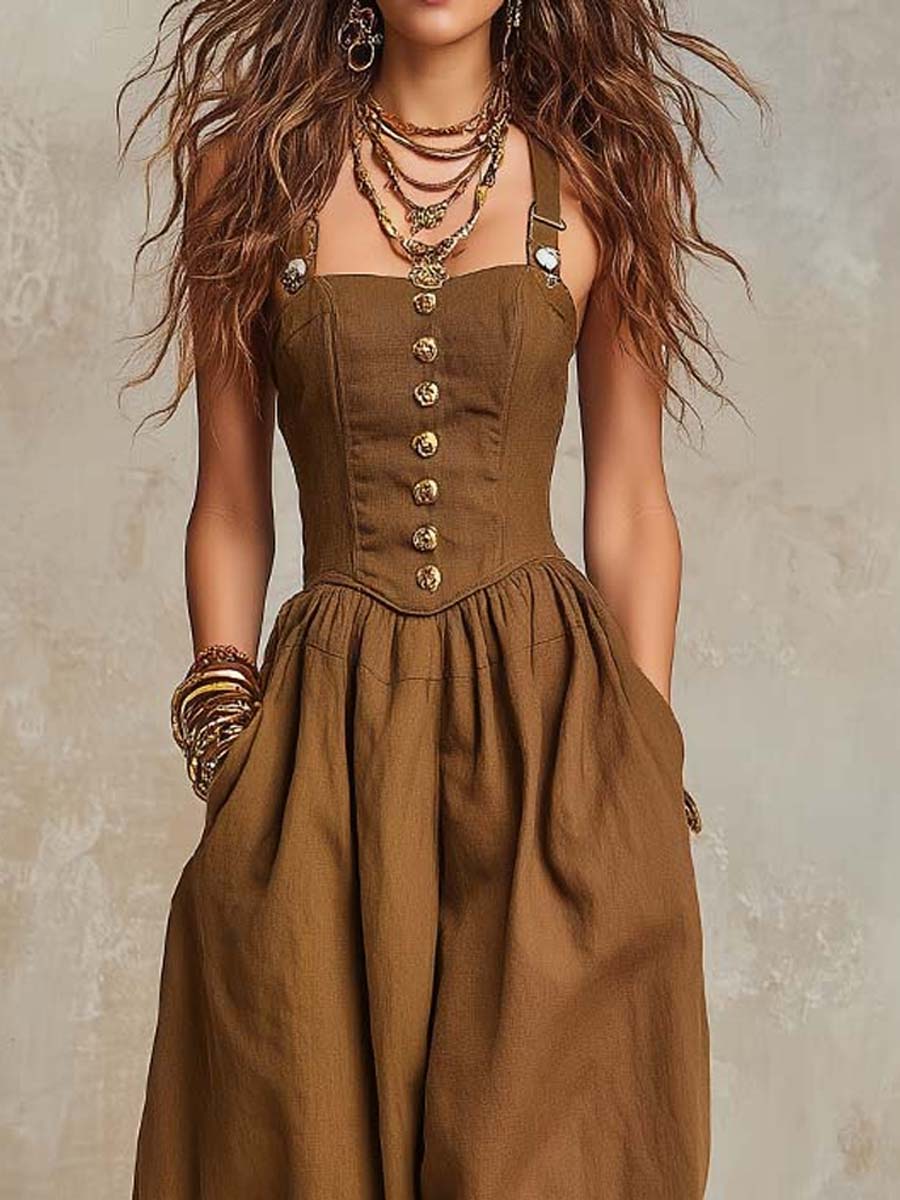 Bohemian Cotton-Linen Corset Balloon-Leg Jumpsuit - Image 3