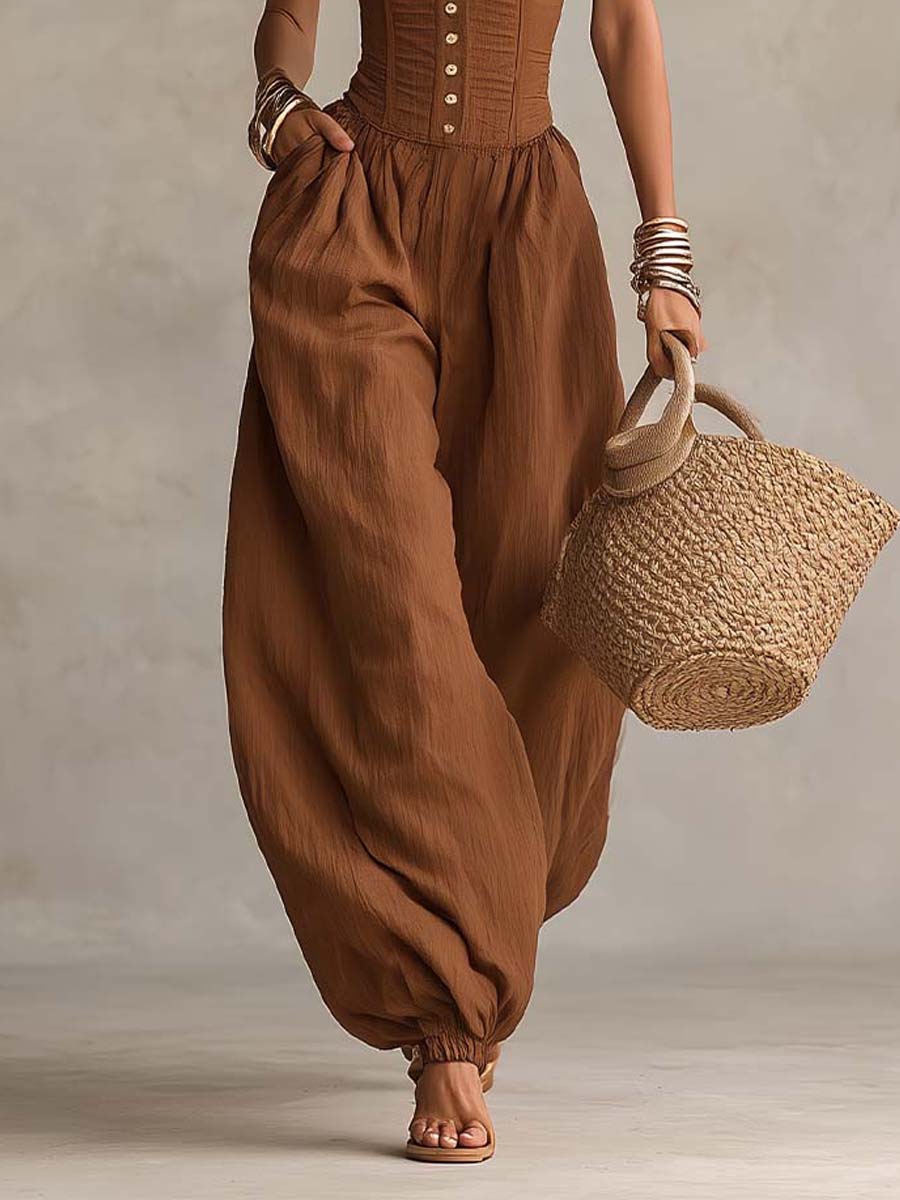 Bohemian Cotton-Linen Halter Corset Balloon-Leg Pants Set - Image 3