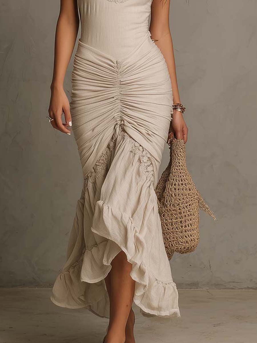 Bohemian Cotton-Linen Halter Lace Trim Ruched Midi Dress - Image 3