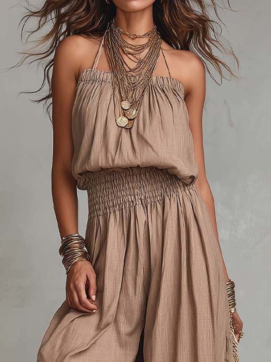 Bohemian Cotton-Linen Halter Smocked Balloon-Leg Jumpsuit - Image 2