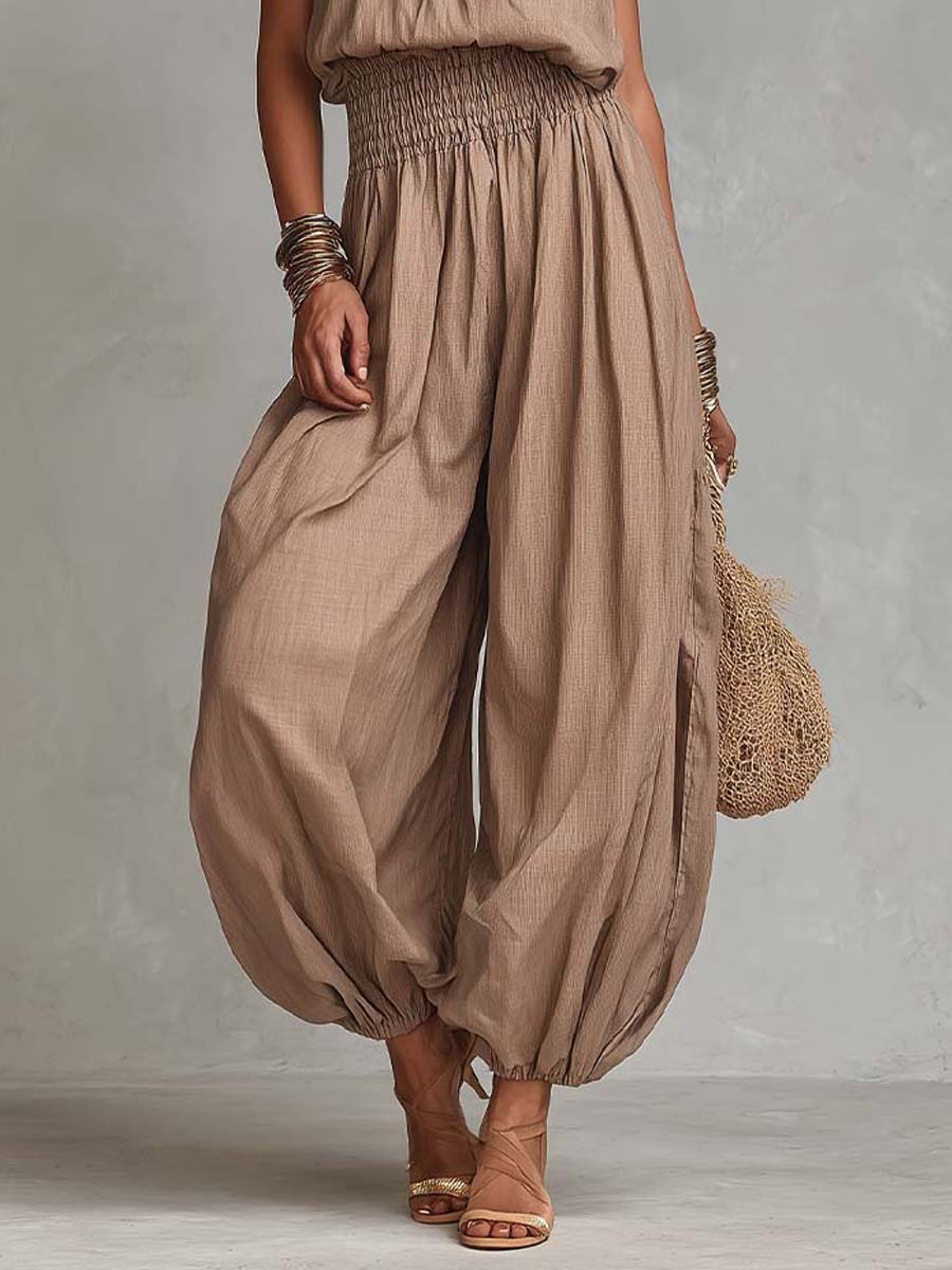 Bohemian Cotton-Linen Halter Smocked Balloon-Leg Jumpsuit - Image 3