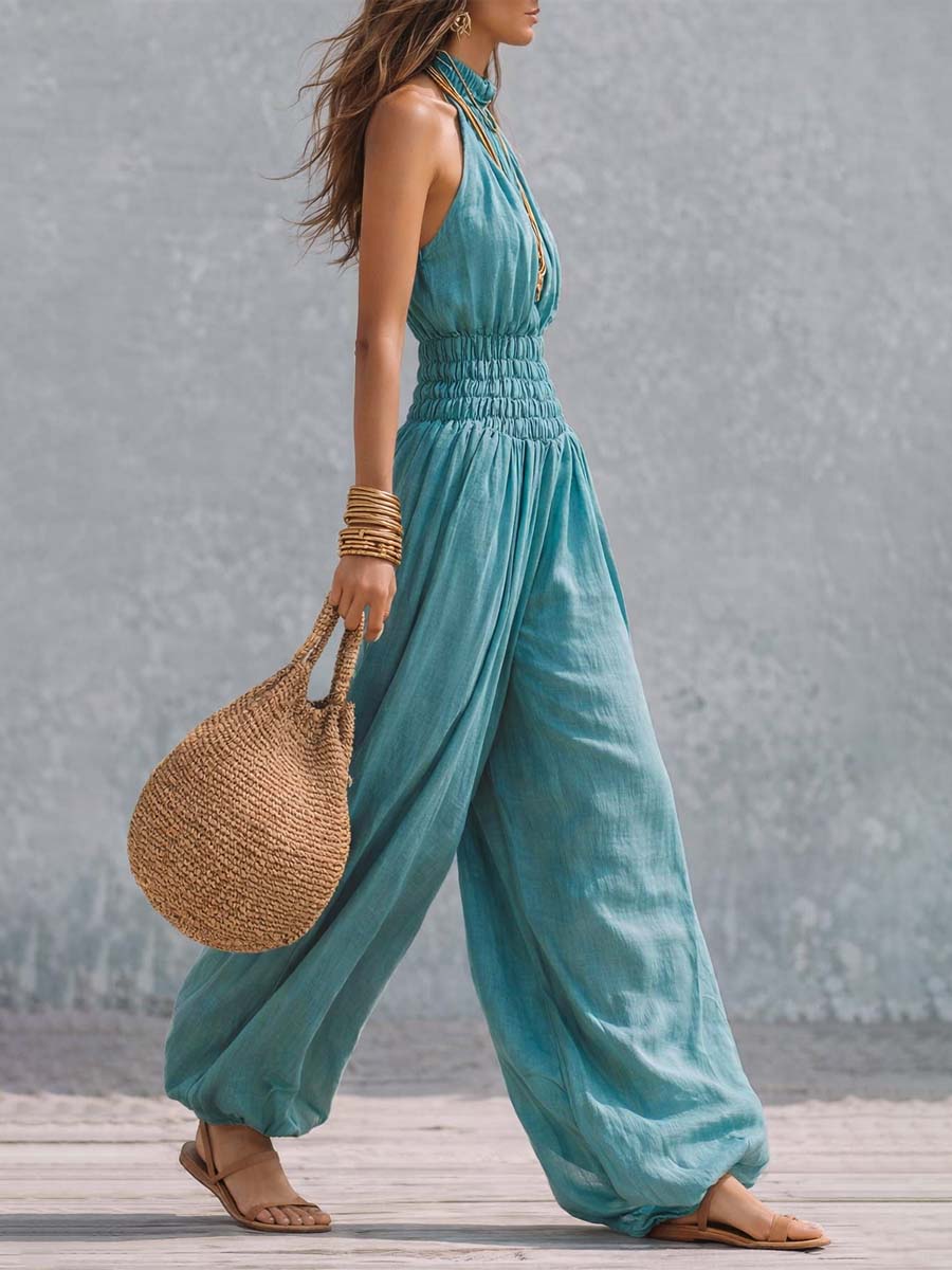 Bohemian Cotton-Linen Halter Smocked Balloon-Leg Jumpsuit - Image 2
