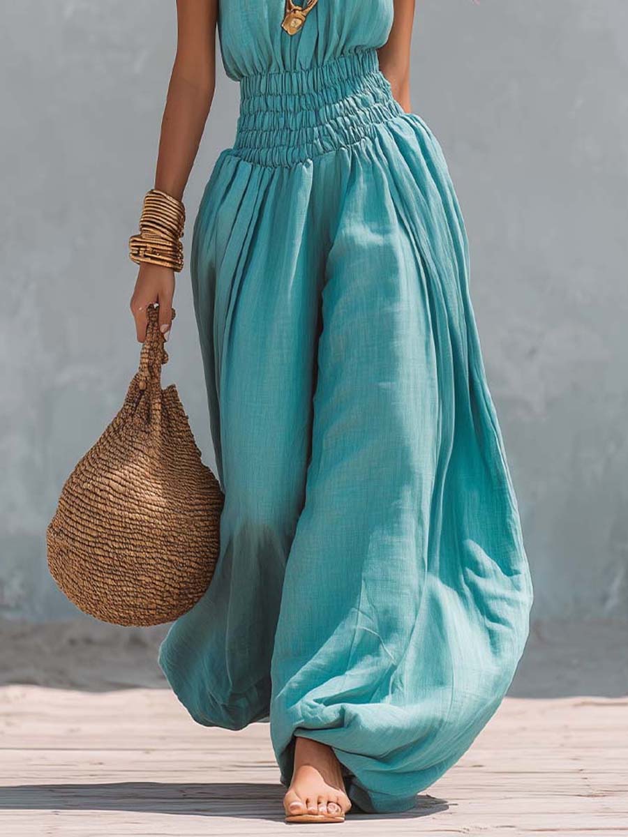 Bohemian Cotton-Linen Halter Smocked Balloon-Leg Jumpsuit - Image 5