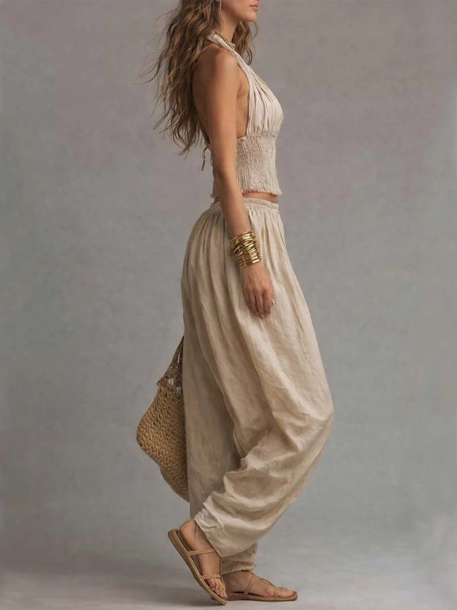 Bohemian Cotton-Linen Halter Smocked Crop Top & Harem Pants Two-Piece Set - Image 3