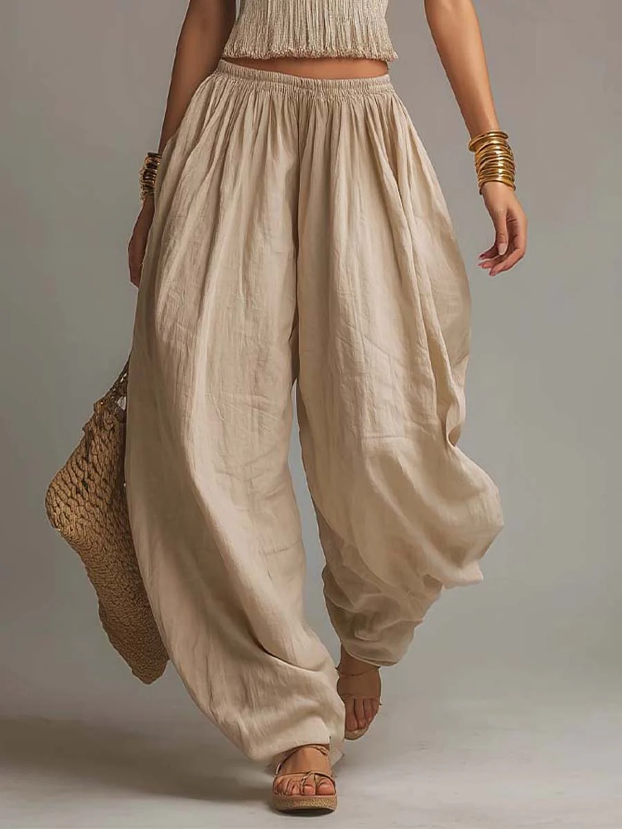 Bohemian Cotton-Linen Halter Smocked Crop Top & Harem Pants Two-Piece Set - Image 6