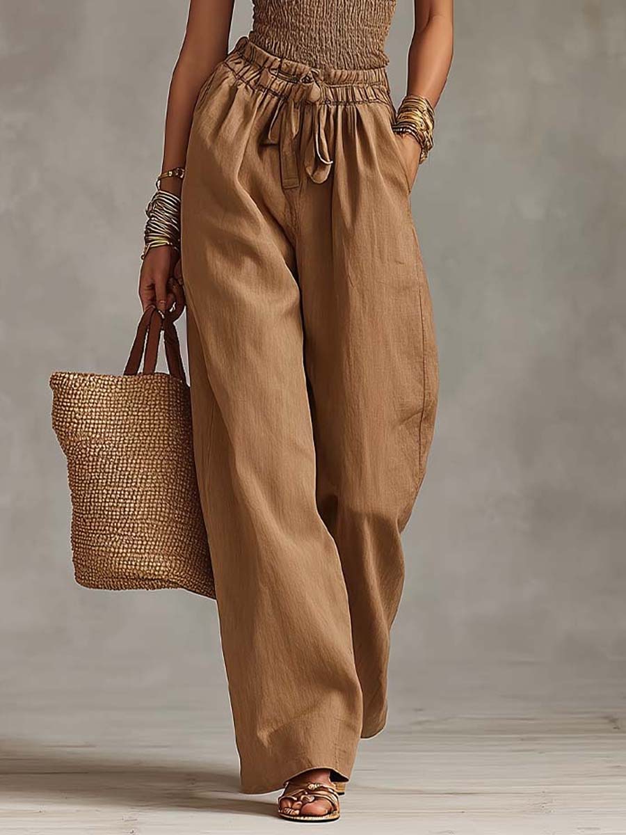 Bohemian Cotton-Linen Halter Smocked Crop Top & Wide-Leg Pants Two-Piece Set - Image 3