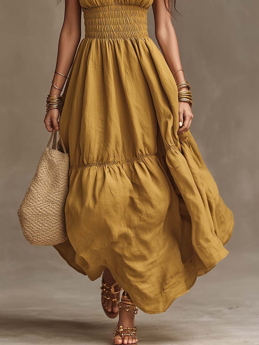 Bohemian Cotton-Linen Halter Smocked Tiered Maxi Dress - Image 3