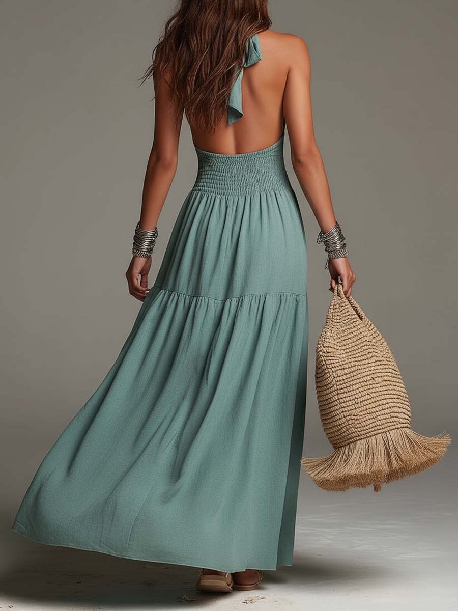 Bohemian Cotton-Linen Halter Smocked Tiered Maxi Dress - Image 3