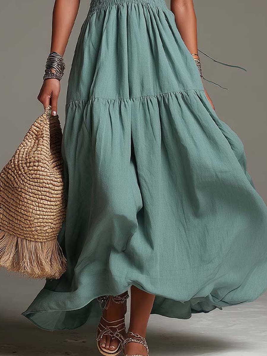 Bohemian Cotton-Linen Halter Smocked Tiered Maxi Dress - Image 5