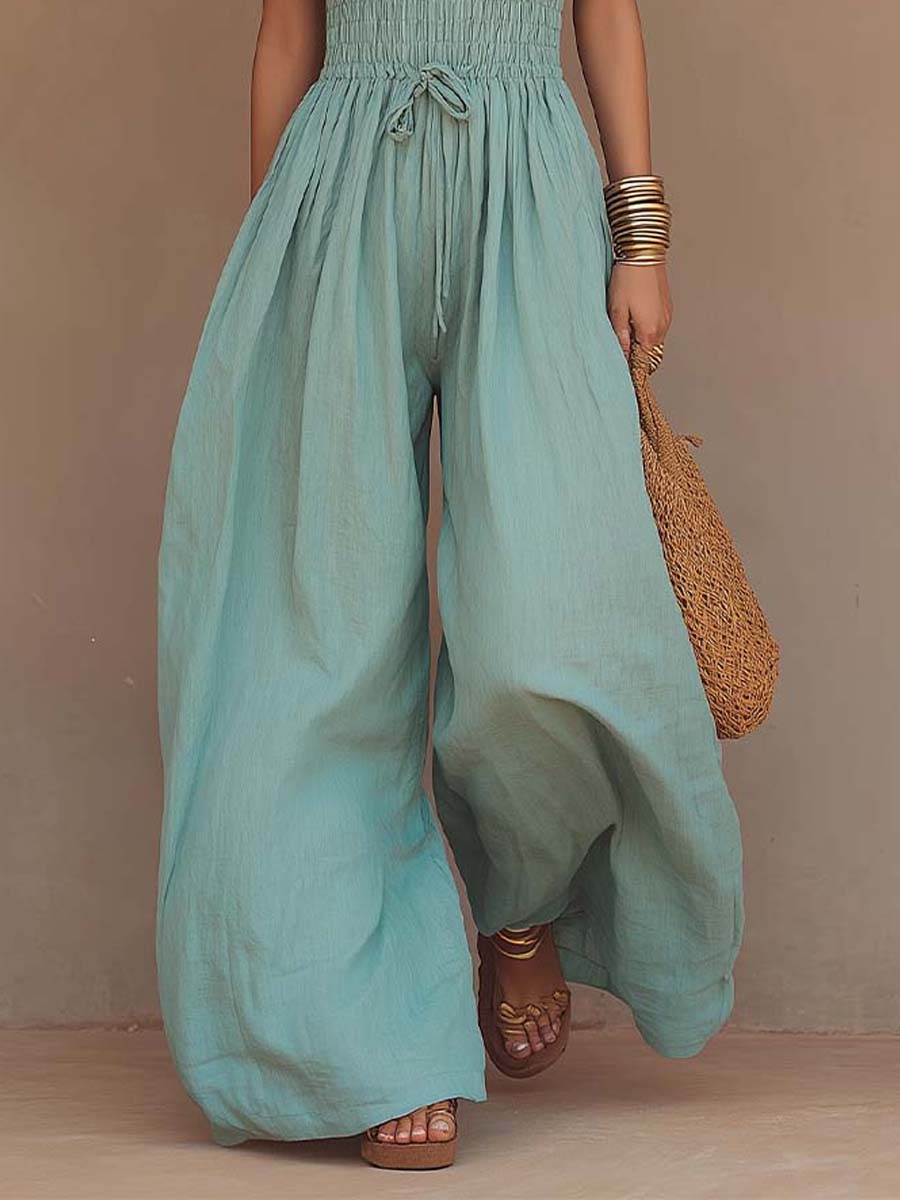 Bohemian Cotton-Linen Halter Smocked Wide-Leg Jumpsuit - Image 3