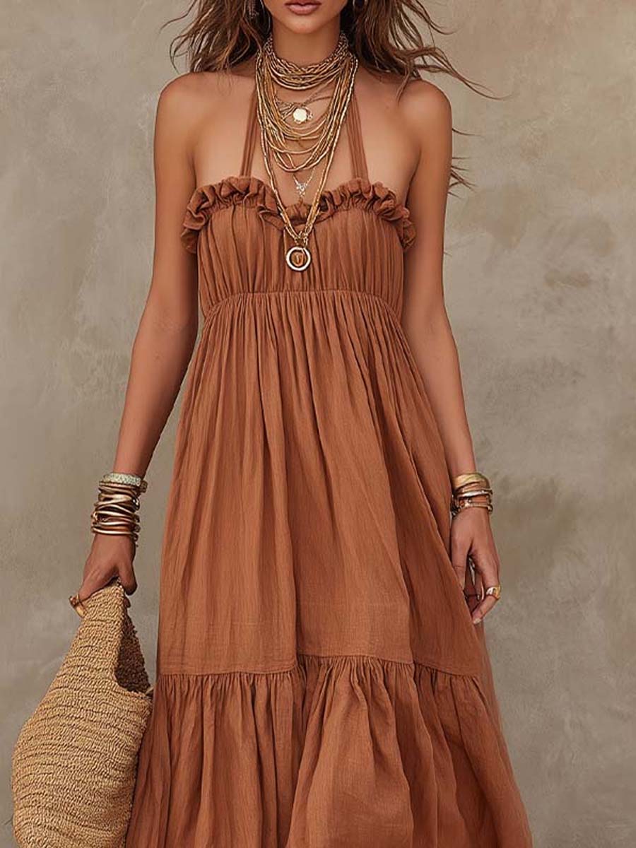 Bohemian Cotton-Linen Halter Tiered Maxi Dress - Image 2