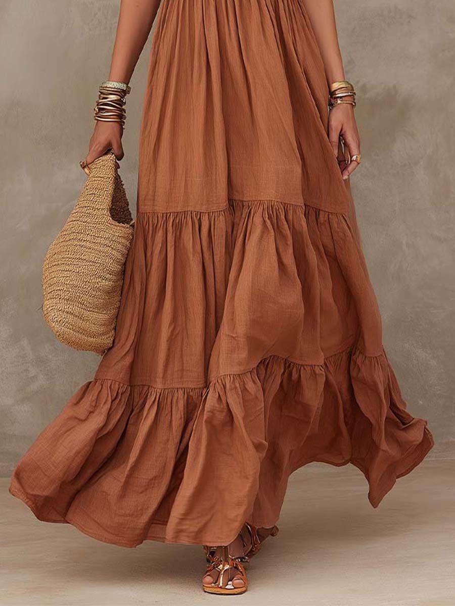 Bohemian Cotton-Linen Halter Tiered Maxi Dress - Image 3