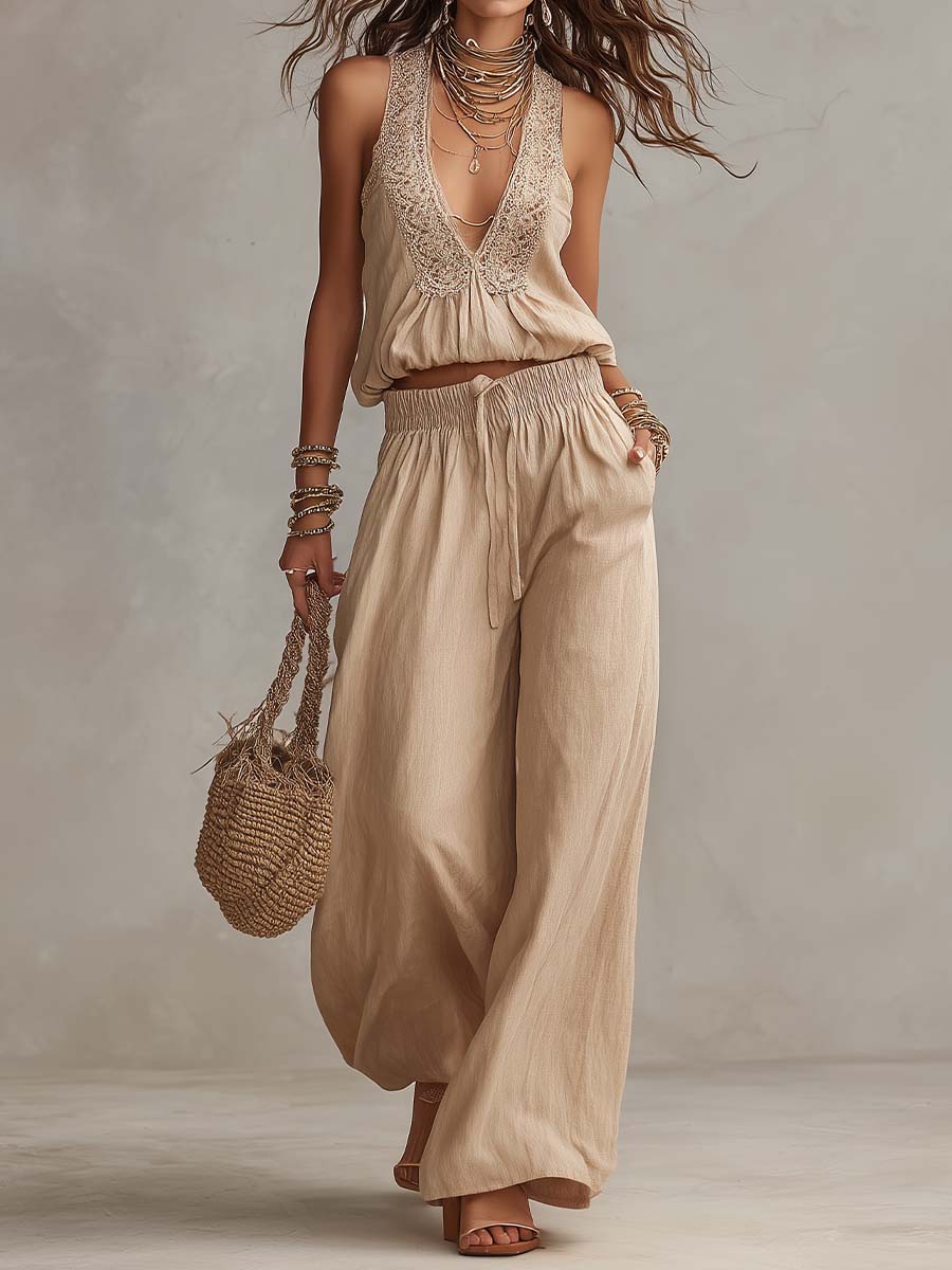 Bohemian Cotton-Linen Lace Trim Sleeveless Crop Top & Wide-Leg Pants Two-Piece Set