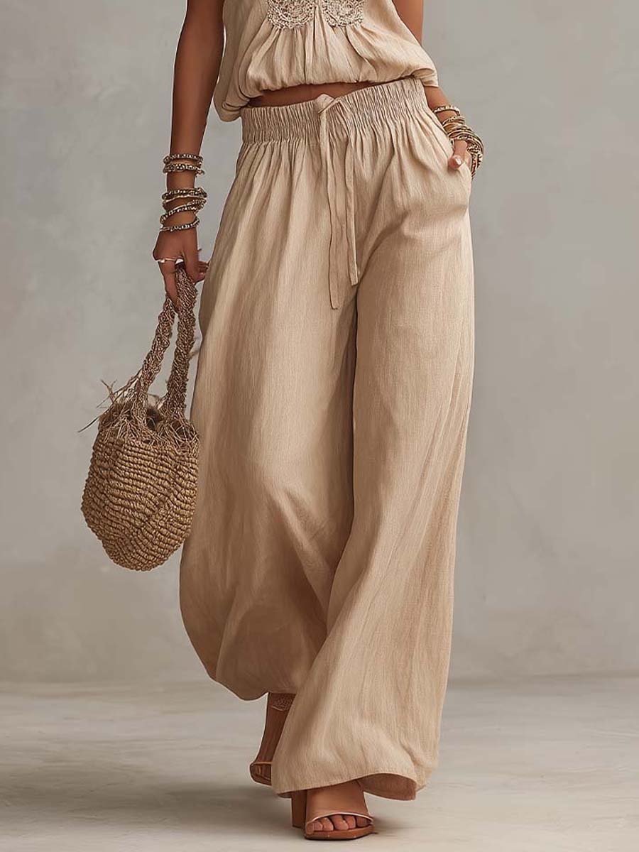 Bohemian Cotton-Linen Lace Trim Sleeveless Crop Top & Wide-Leg Pants Two-Piece Set - Image 3