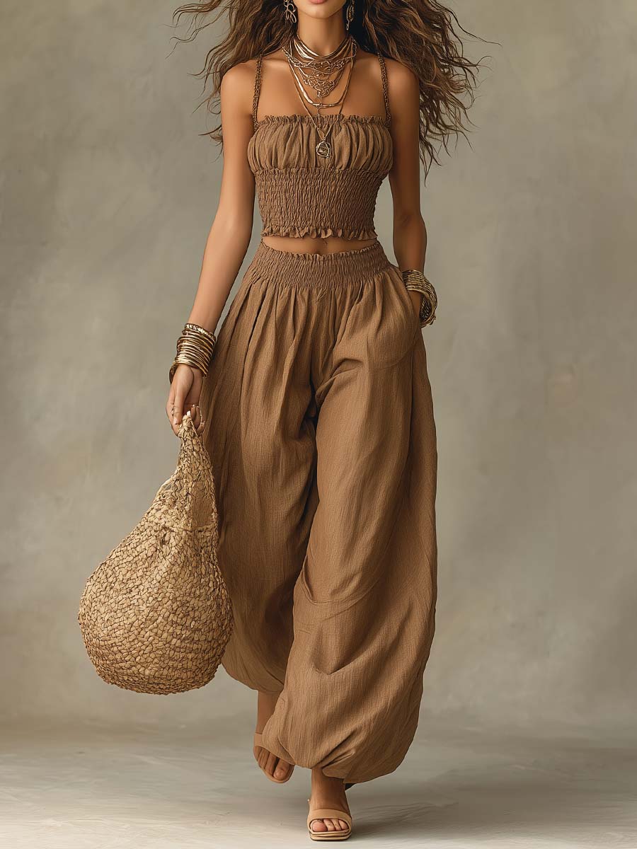 Bohemian Cotton-Linen Smocked Crop Top & Balloon-Leg Pants Set