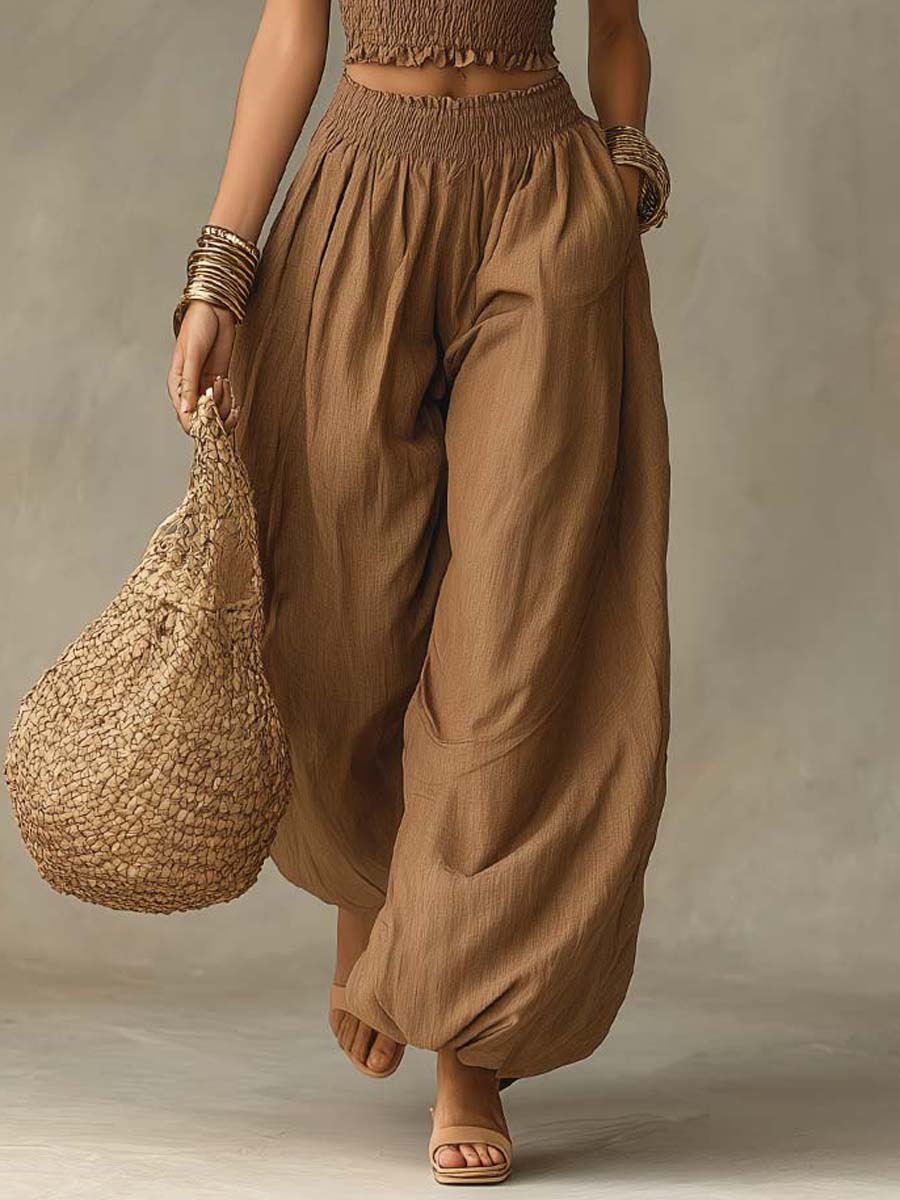 Bohemian Cotton-Linen Smocked Crop Top & Balloon-Leg Pants Set - Image 2