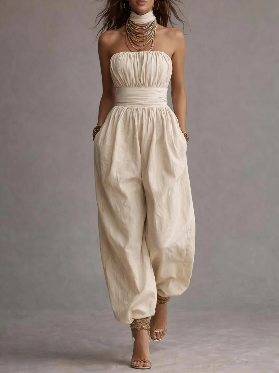 Bohemian Cotton Strapless Balloon-Leg Jumpsuit - Image 3