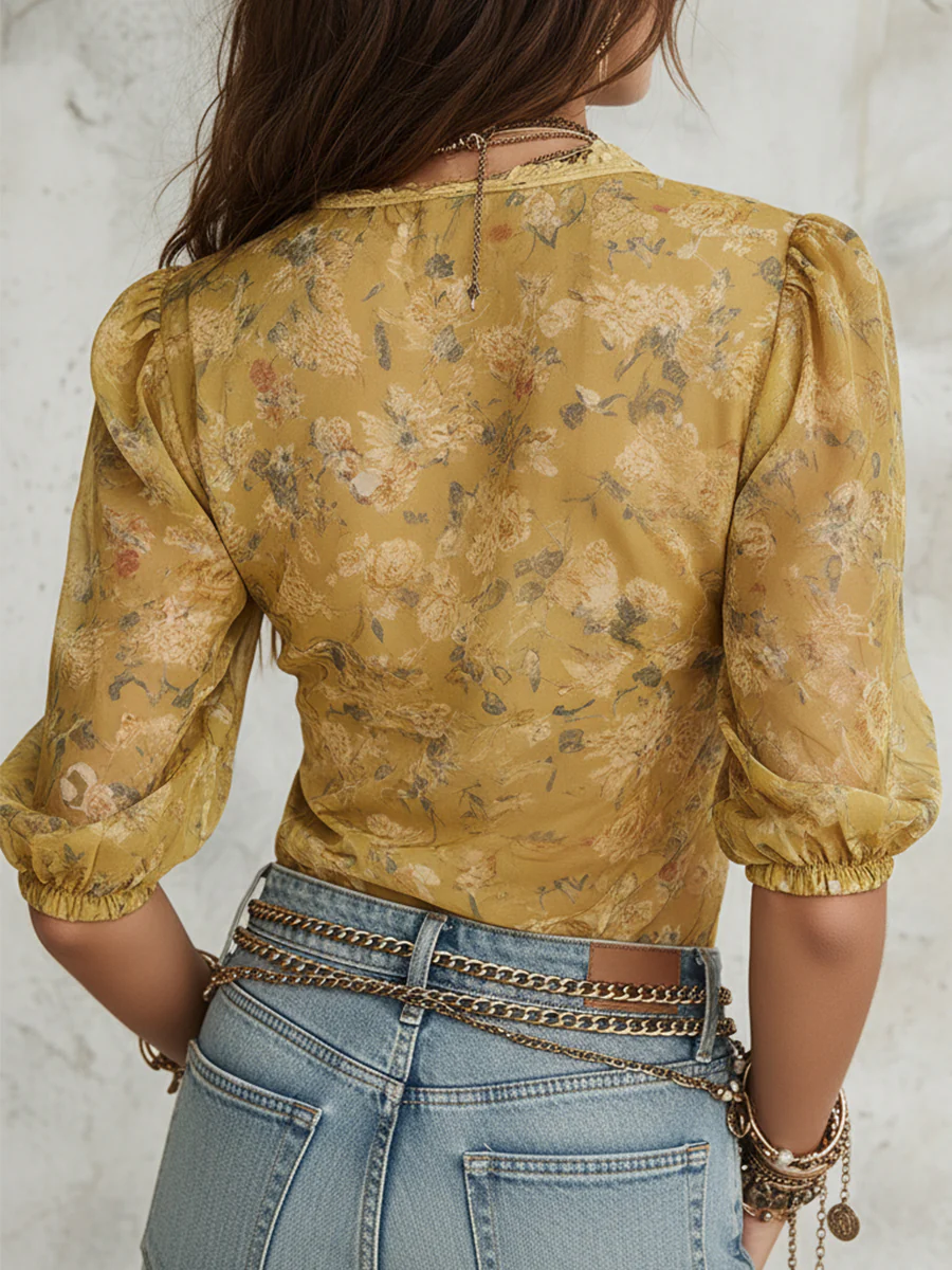 Bohemian Floral Print Chiffon Blouse With Lace Trim - Image 2