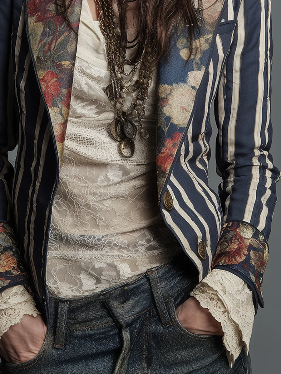 Bohemian Floral Print Cotton And Linen Striped Blazer - Image 10