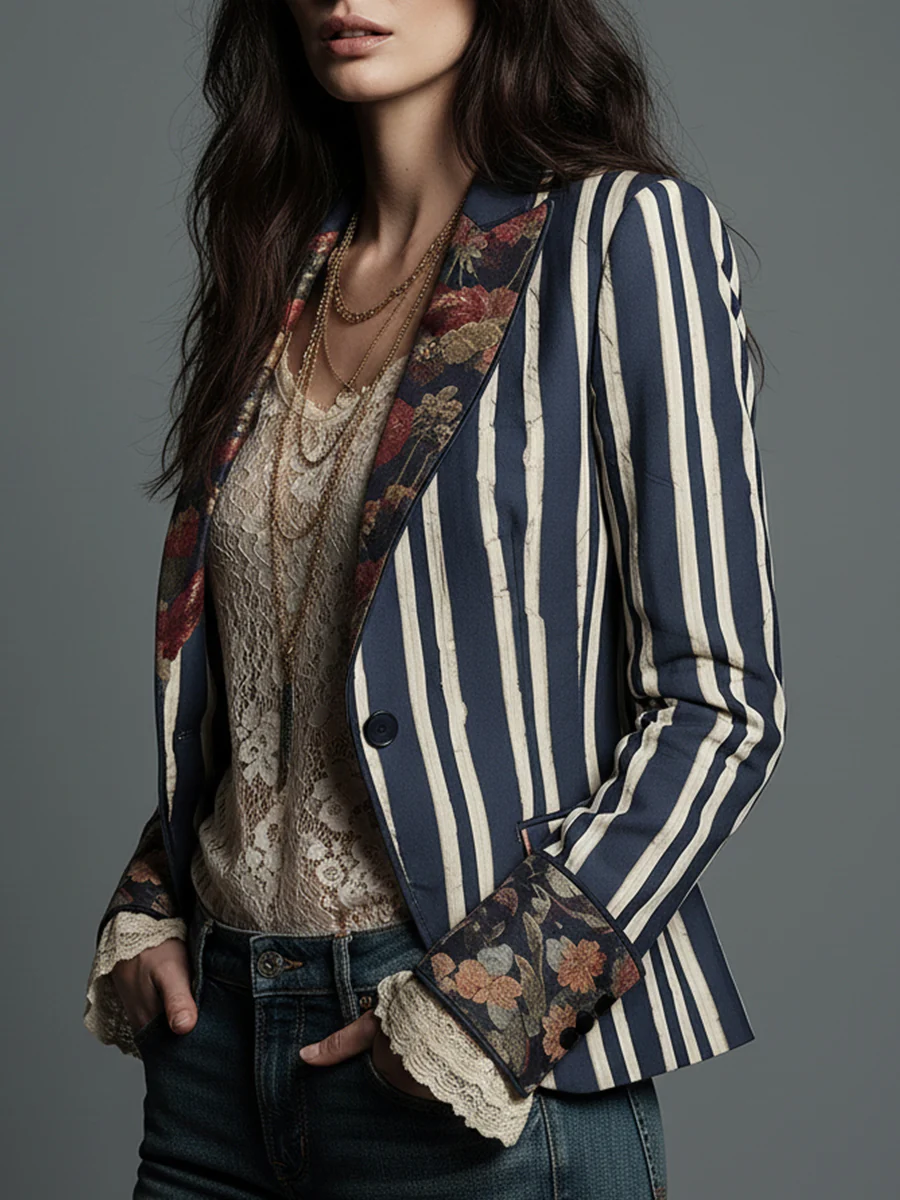 Bohemian Floral Print Cotton And Linen Striped Blazer - Image 2