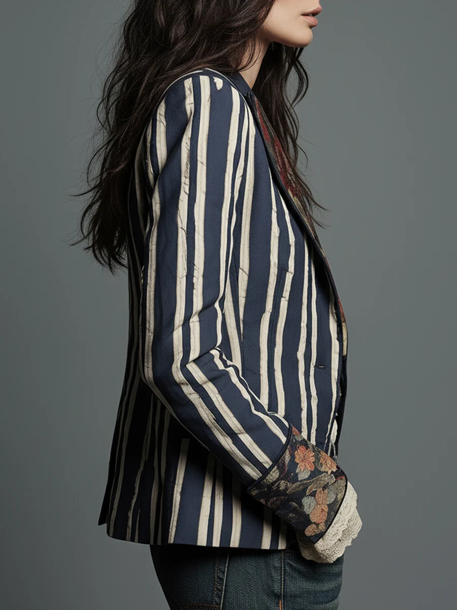Bohemian Floral Print Cotton And Linen Striped Blazer - Image 3