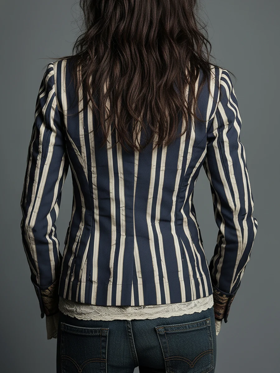 Bohemian Floral Print Cotton And Linen Striped Blazer - Image 4