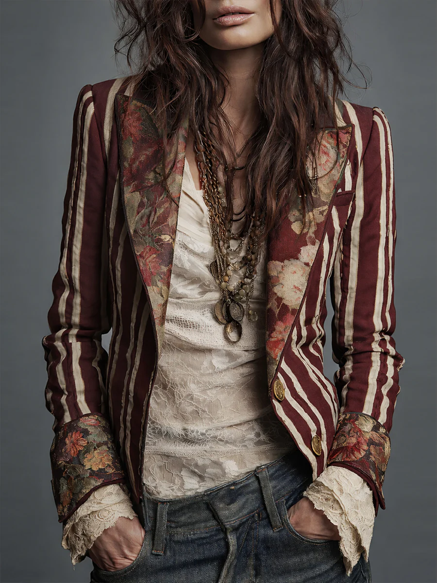 Bohemian Floral Print Cotton And Linen Striped Blazer - Image 5
