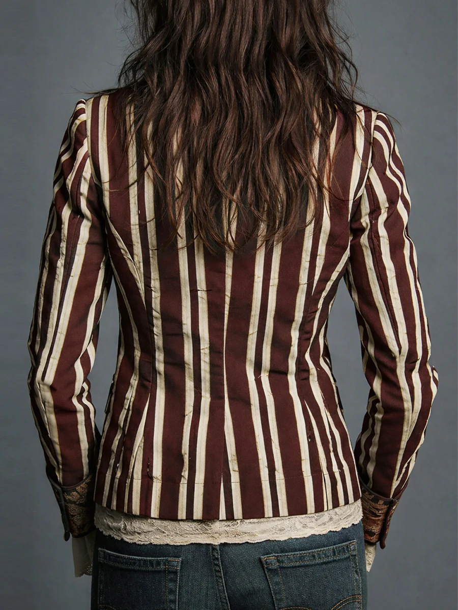 Bohemian Floral Print Cotton And Linen Striped Blazer - Image 6