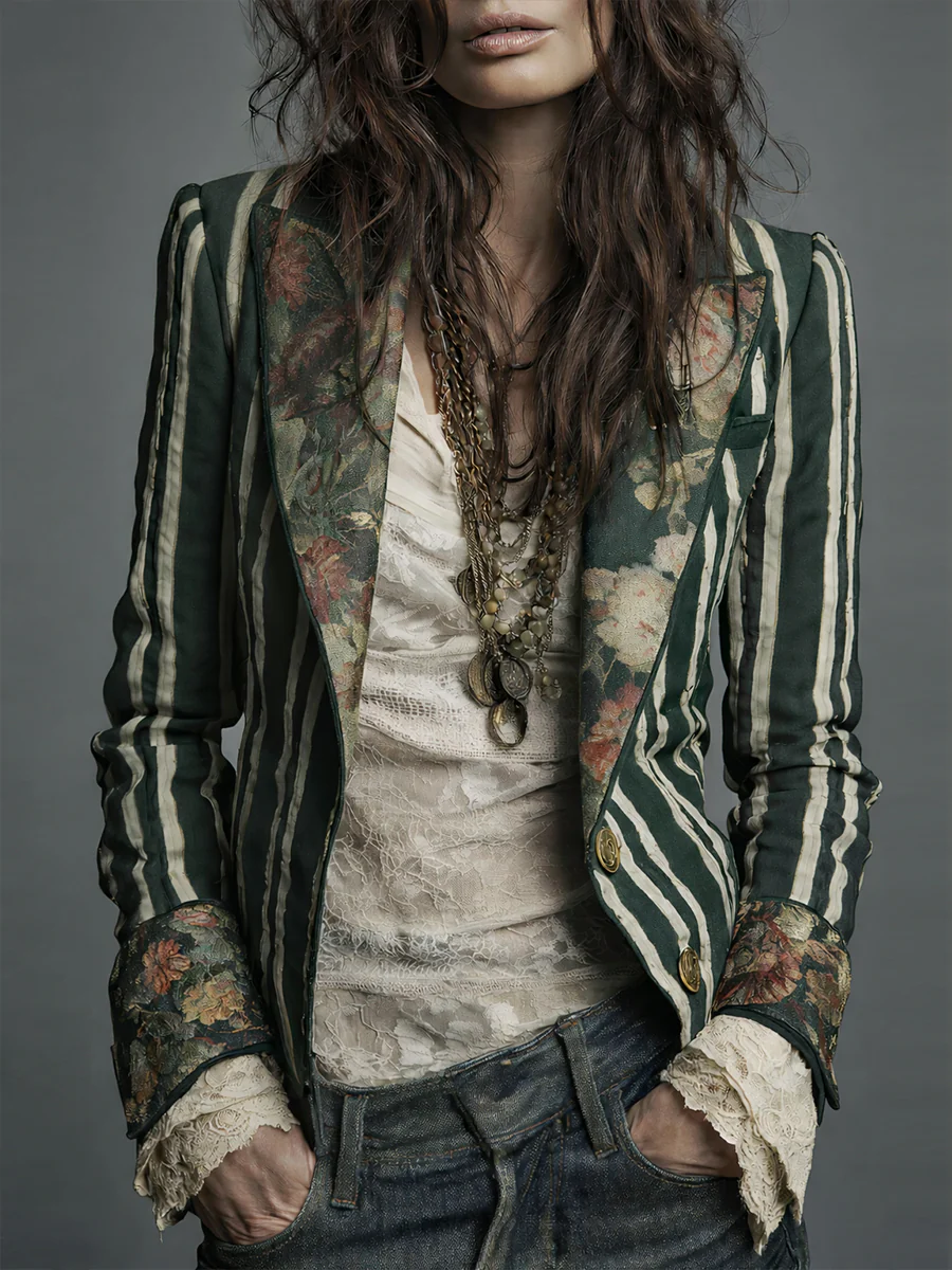 Bohemian Floral Print Cotton And Linen Striped Blazer - Image 7