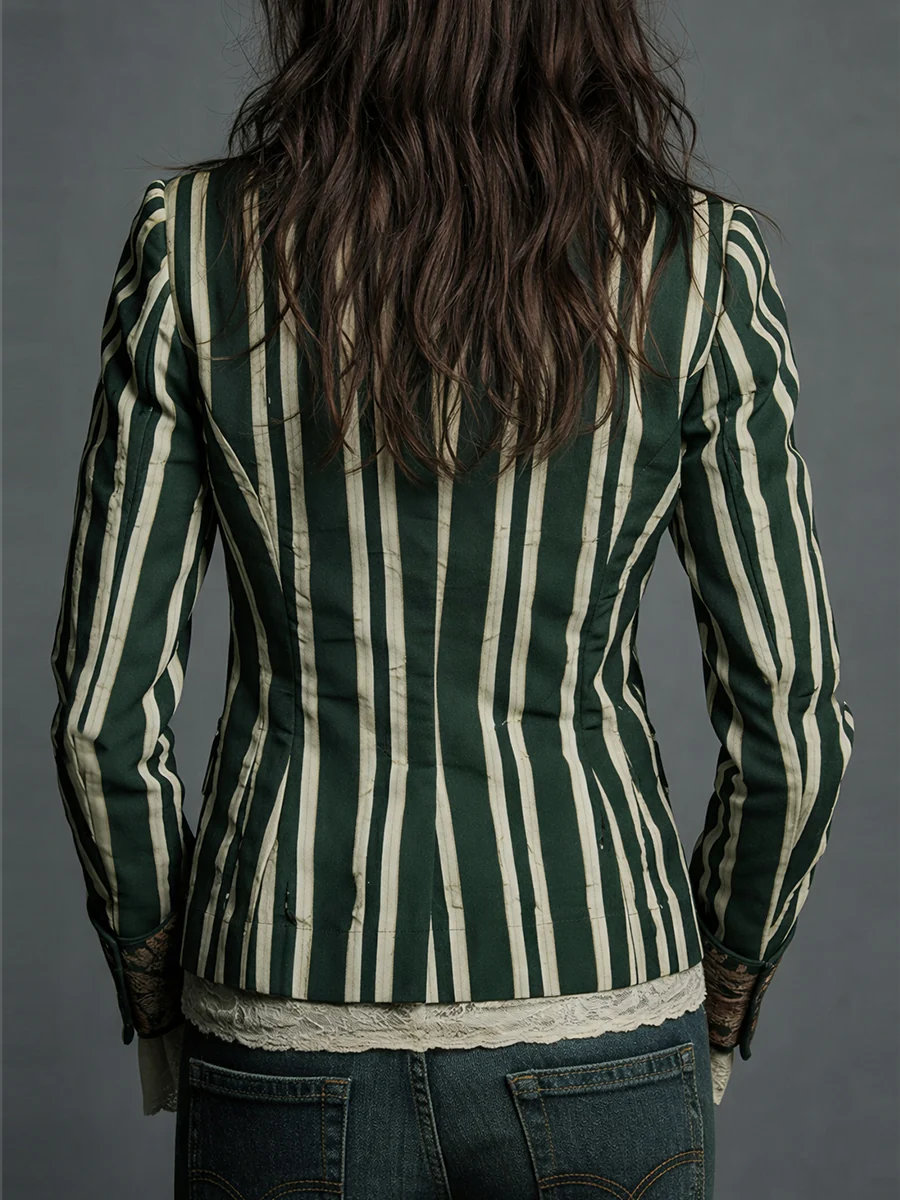 Bohemian Floral Print Cotton And Linen Striped Blazer - Image 8