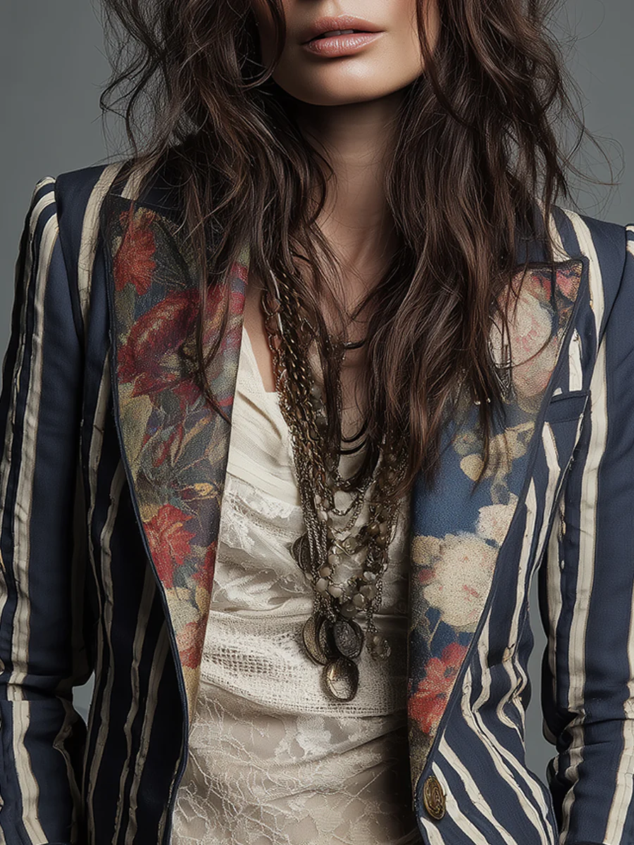 Bohemian Floral Print Cotton And Linen Striped Blazer - Image 9