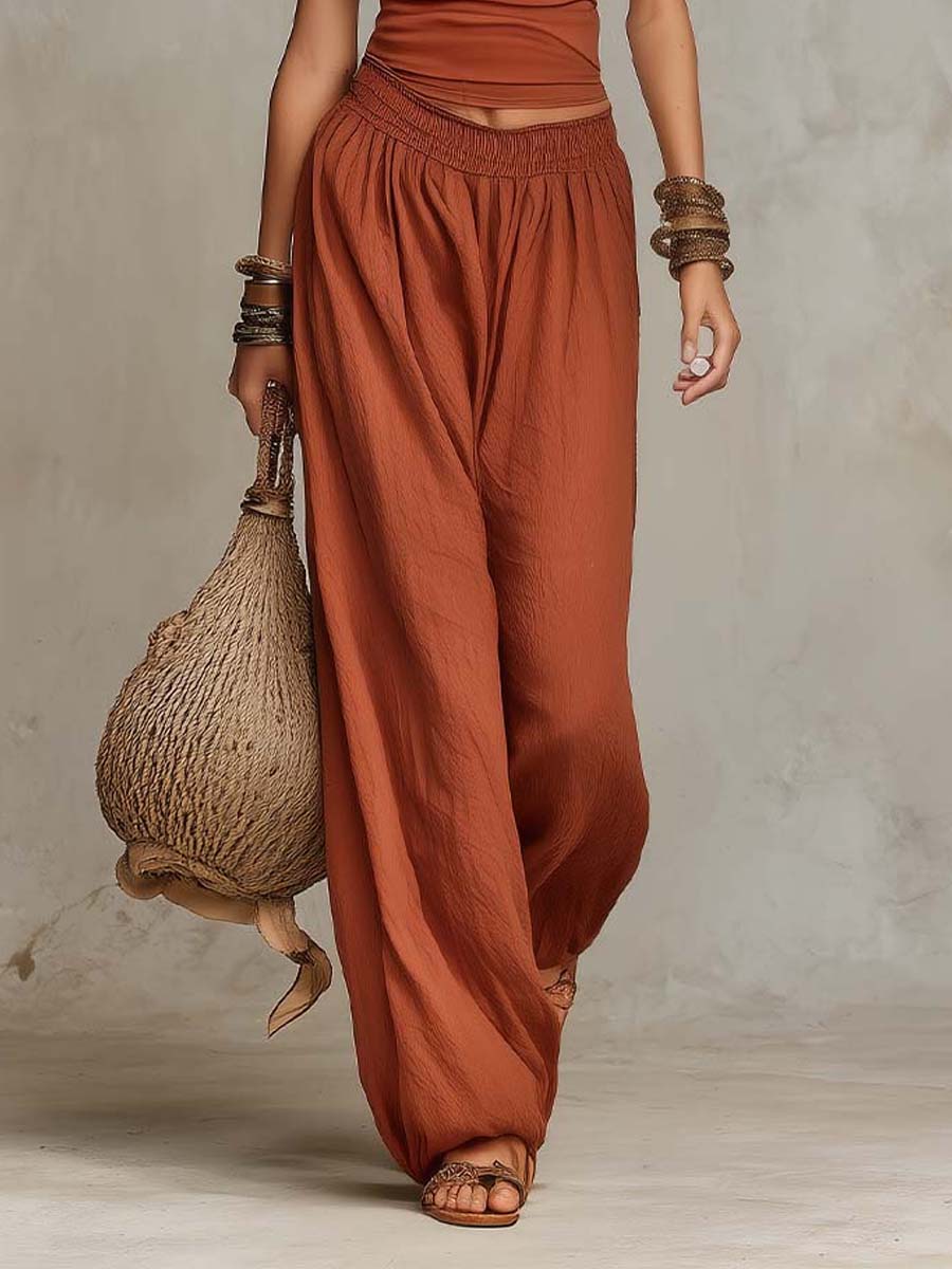 Bohemian Halter Draped Crop Top & Cotton-Linen Wide-Leg Pants Two-Piece Set - Image 3