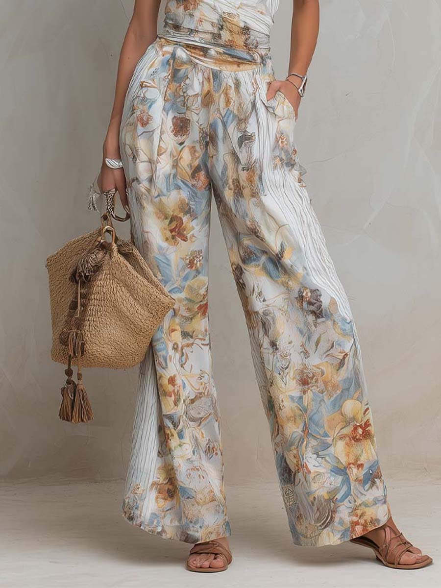 Bohemian Halter Floral & Stripe Wide-Leg Jumpsuit With Ruched Waist - Image 3